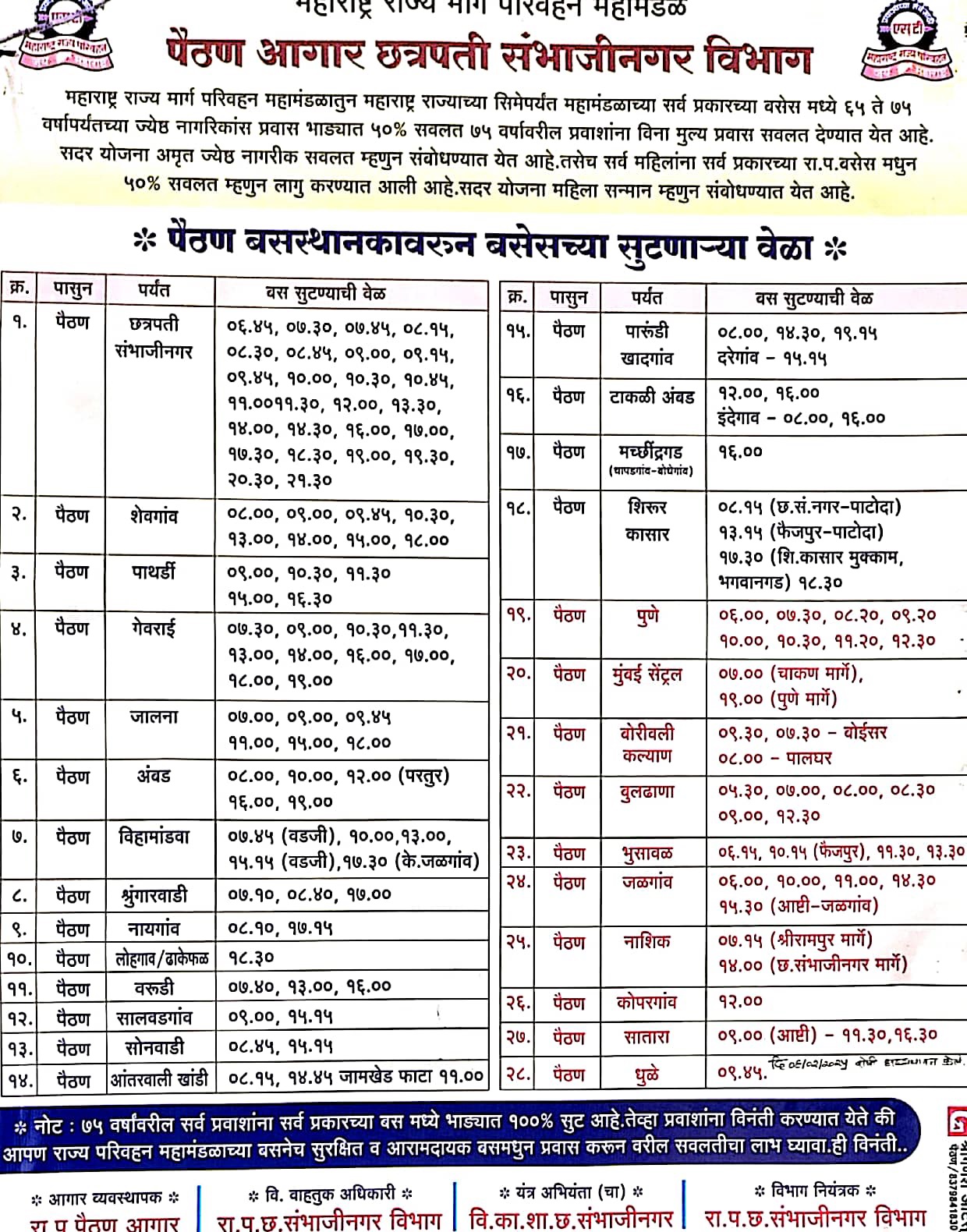 paithan bus stand time table